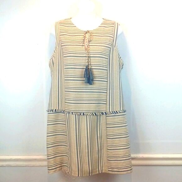 Greylin blue/cream stripped sleeveless Sheath dress with Fringe and tassels L - Picture 1 of 12
